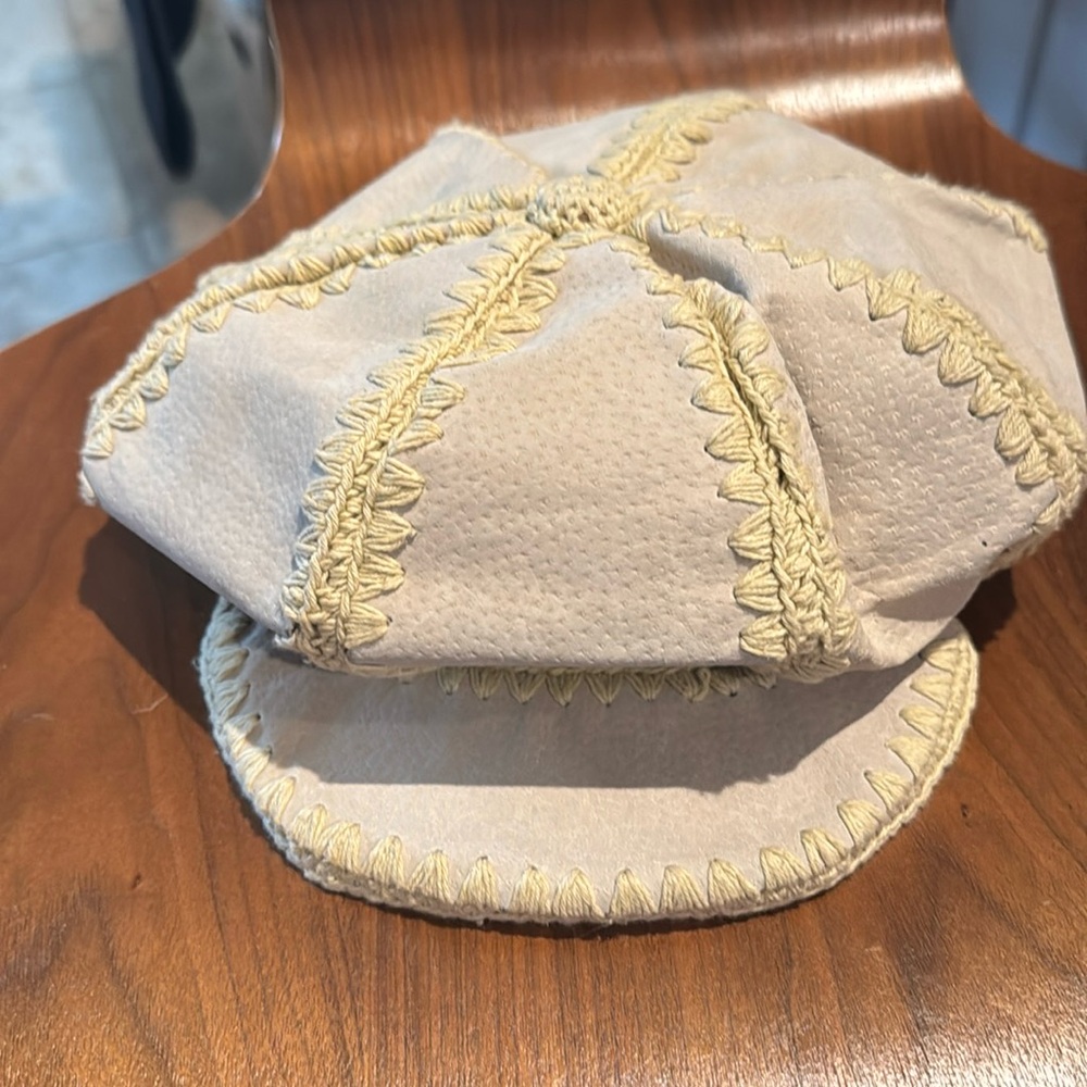 Vintage Beige Suede Leather Crochet Boho Newsboy Hat Cap Baker Boy Style Hat